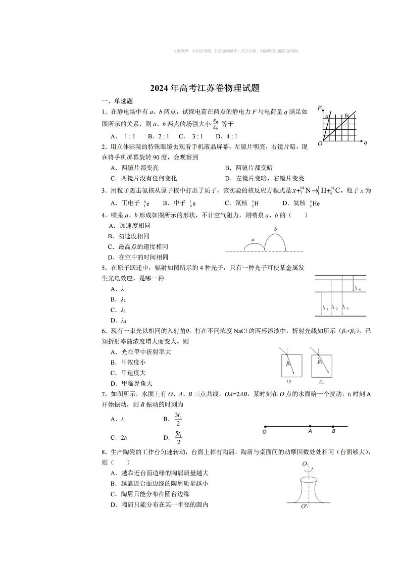 [物理]2024江苏高考真题试卷及答案01