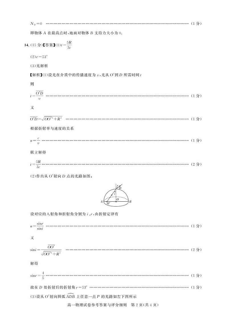 武汉市部分重点中学联考高一测评卷-物理答案第2页