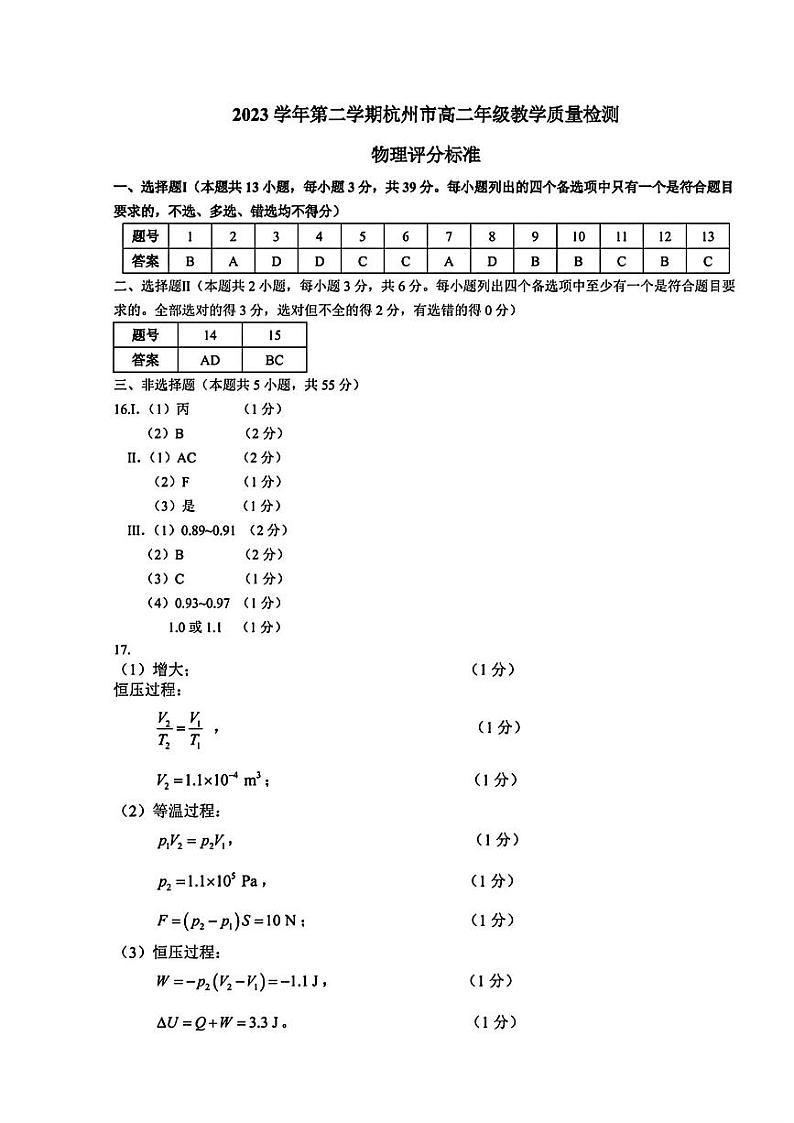 浙江省杭州市2023-2024学年高二下学期6月期末考试物理试题01