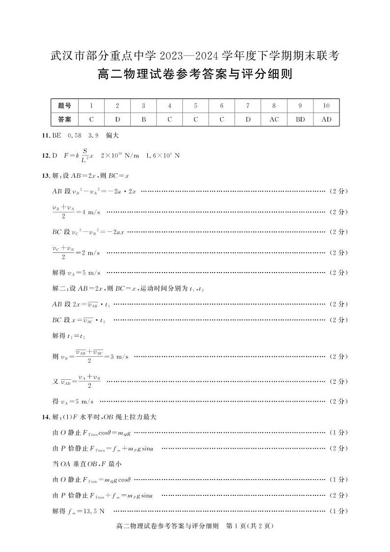 湖北武汉部分重点中学高二测评卷-物理答案第1页