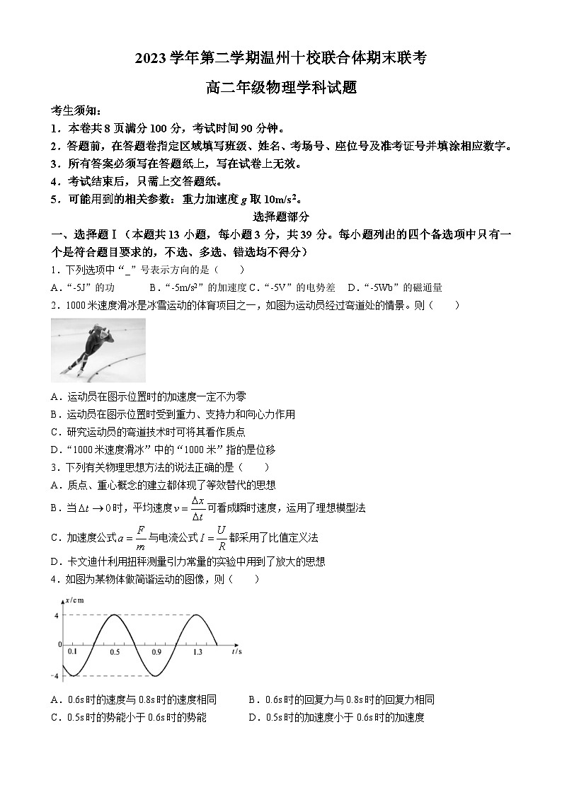 浙江省温州市十校2023-2024学年高二下学期6月期末物理试题01