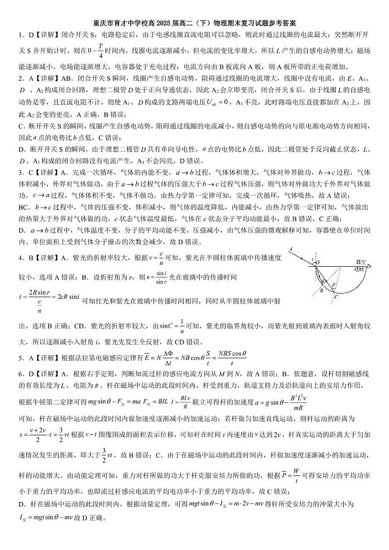 重庆市育才中学校高2025届高二（下）物理期末复习试题01