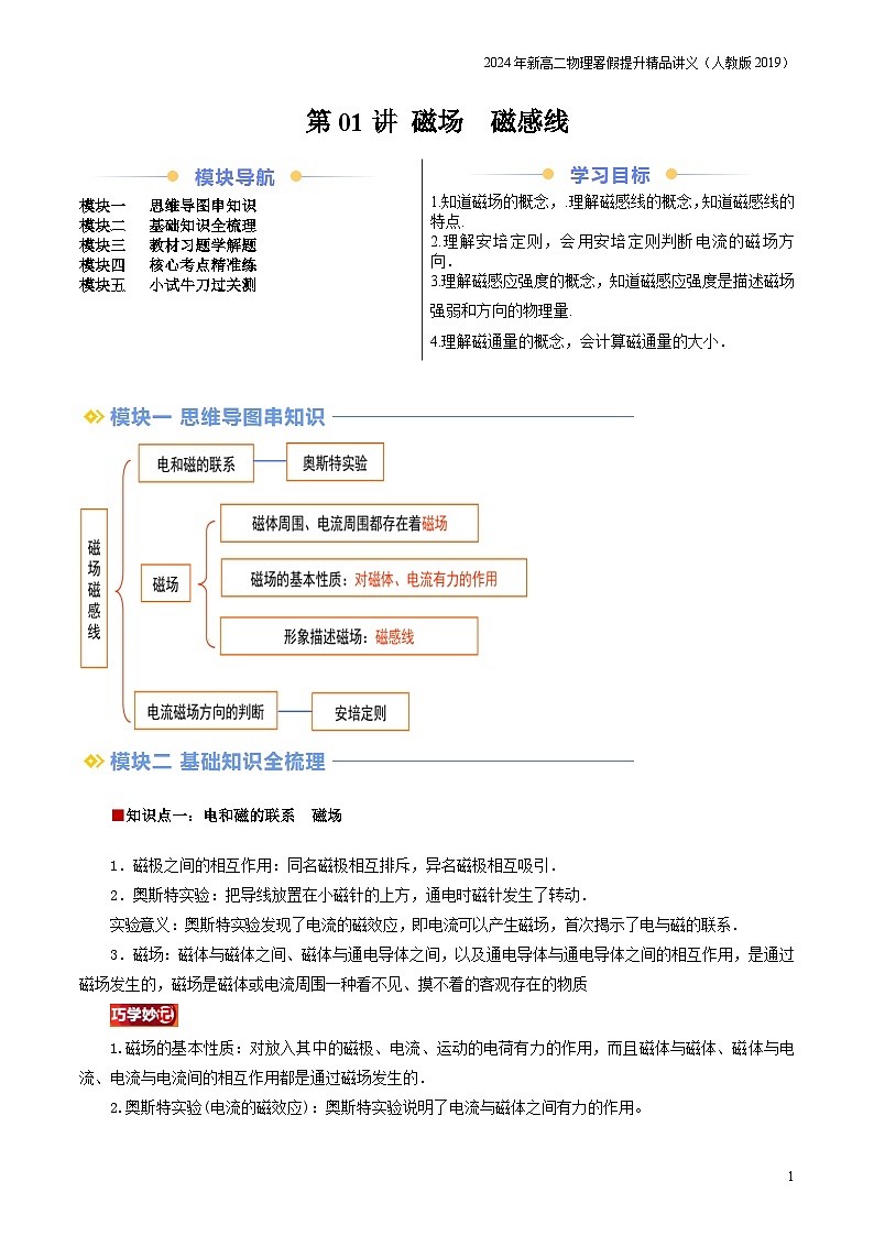 第01讲 磁场  磁感线（原卷版+解析版）（自主预习）2024年新高二物理暑假提升精品讲义（人教版2019）01