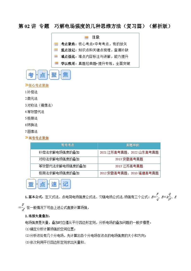 第02讲  专题  巧解电场强度的几种思维方法（解析版） （自主复习）2024年新高二物理暑假提升精品讲义（人教版2019）第1页