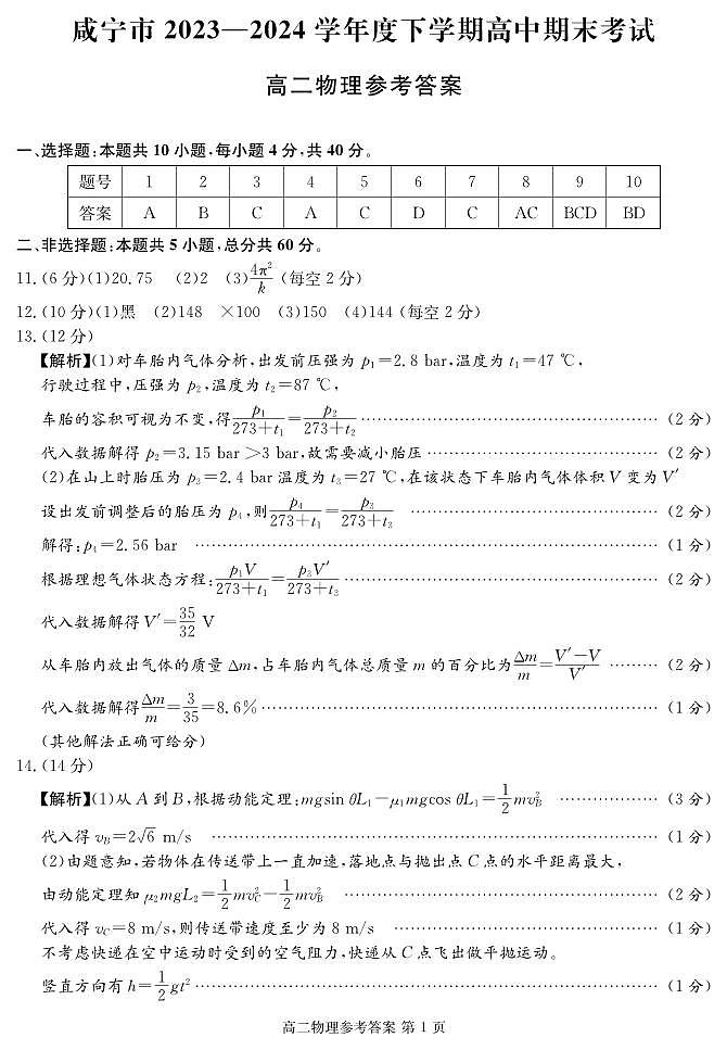 湖北省咸宁市2023-2024学年高二下学期期末考试物理试卷01