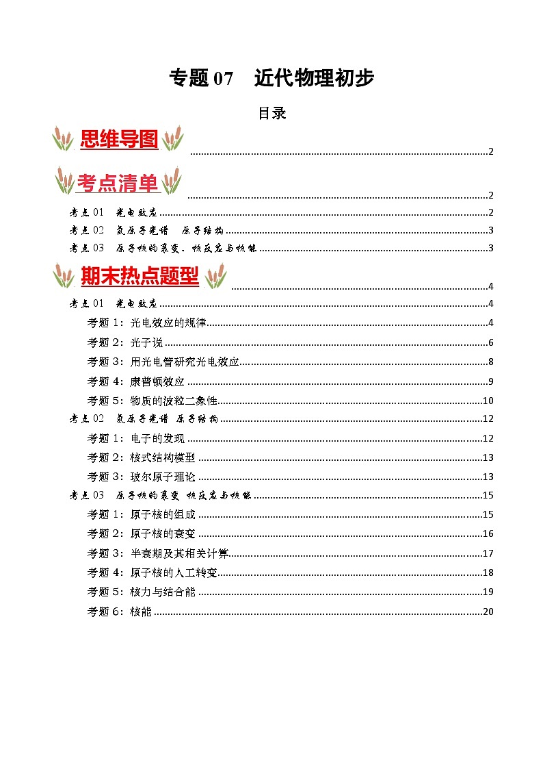 考点清单 专题07  近代物理初步（原卷版+解析版）2023-2024学年高二物理下学期期末考点大串讲（人教版2019）01