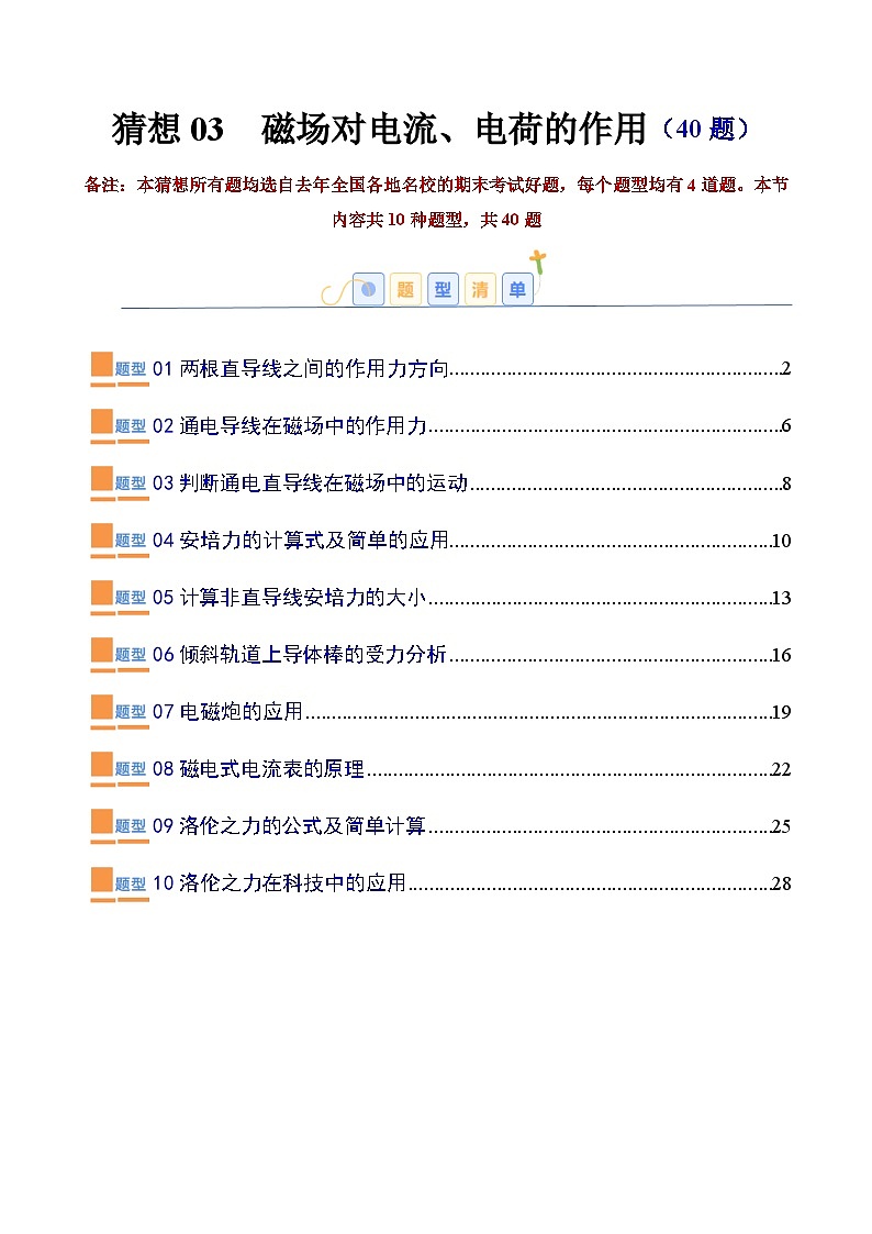考题猜想03  磁场对电流、电荷的作用（原卷版+解析版）2023-2024学年高二物理下学期期末考点大串讲（人教版2019）01