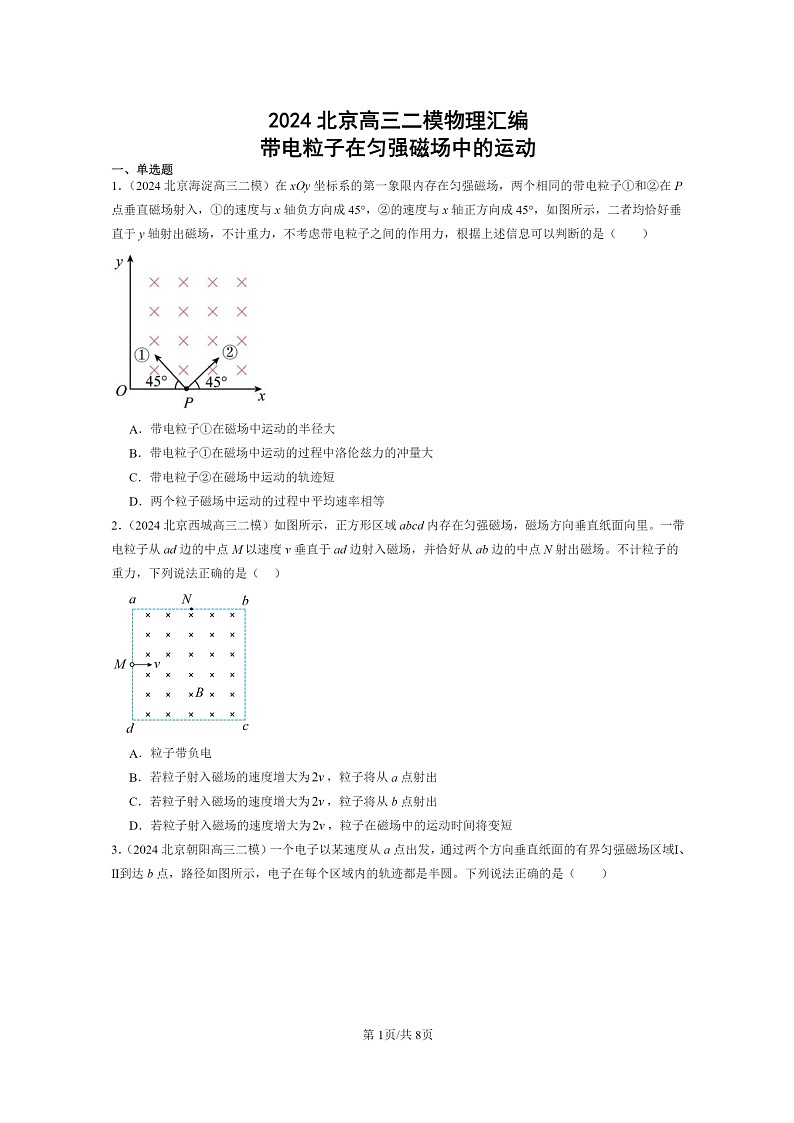 [物理][二模]2024北京高三试题分类汇编：带电粒子在匀强磁场中的运动第1页