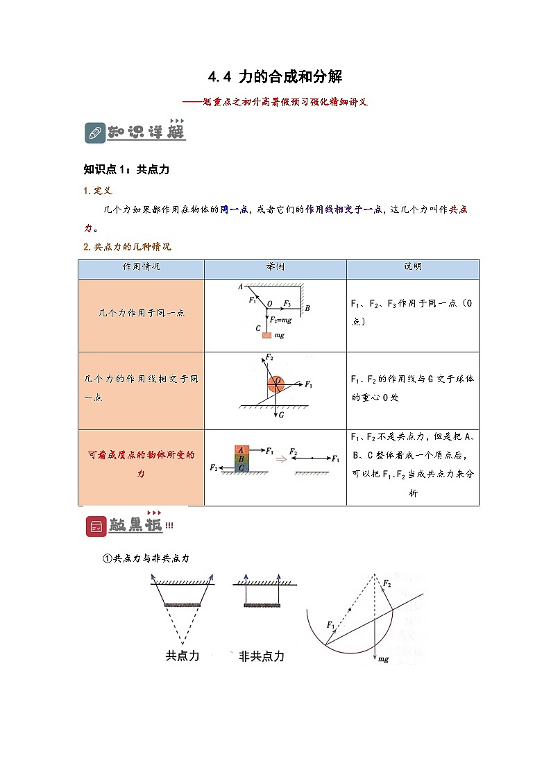 （人教版）初升高物理暑假预习3.4  力的合成和分解（讲义）（学生版+教师版）01