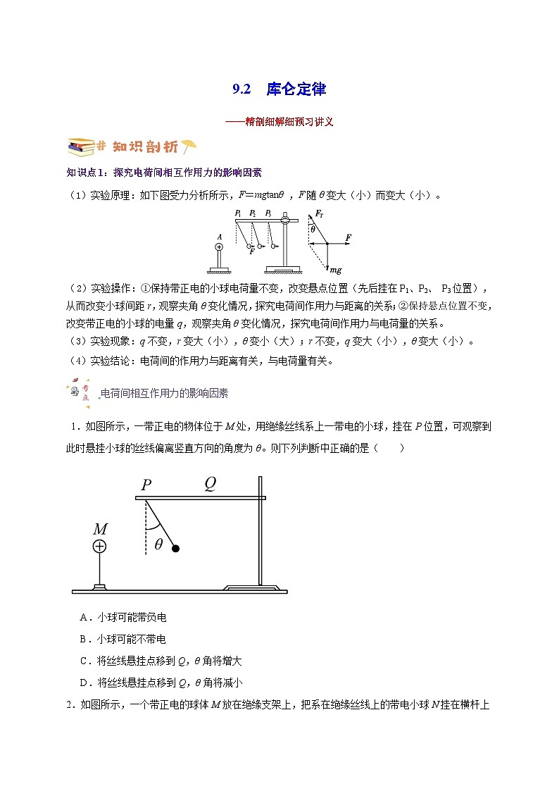【暑假衔接】人教版新高二物理 暑假衔接讲义 第29讲 9.2库仑定律（教师版+学生版）01