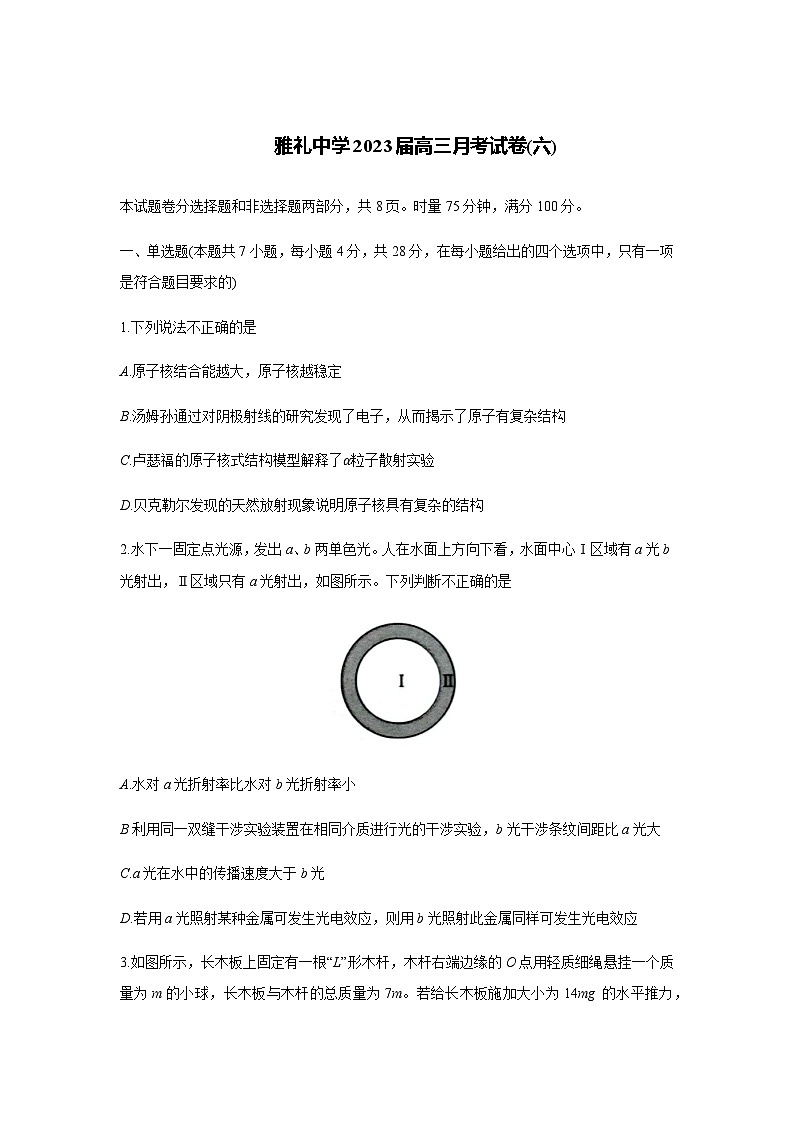 2023湖南省长沙市雅礼中学高三下学期月考卷（六）物理试题含答案01