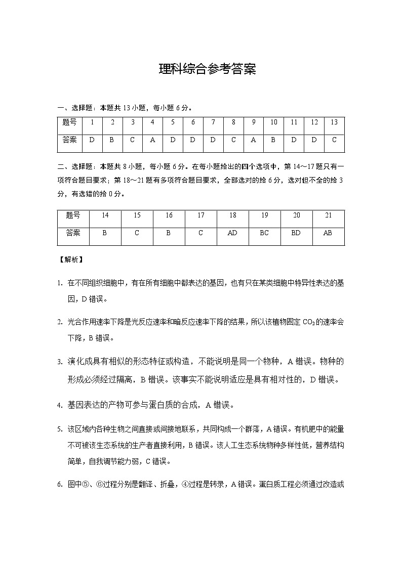 理综（云南）答案第1页