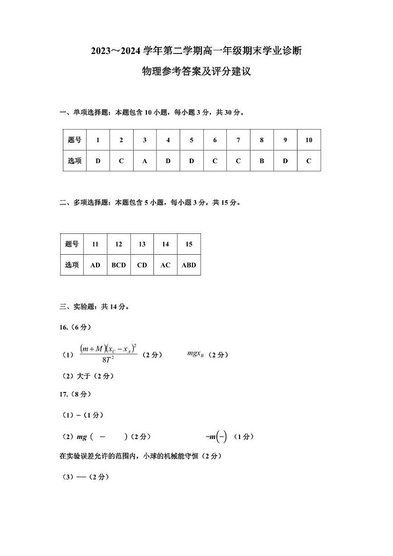 山西省太原市 2023-2024 学年第二学期高一年级期末学业诊断物理试卷01