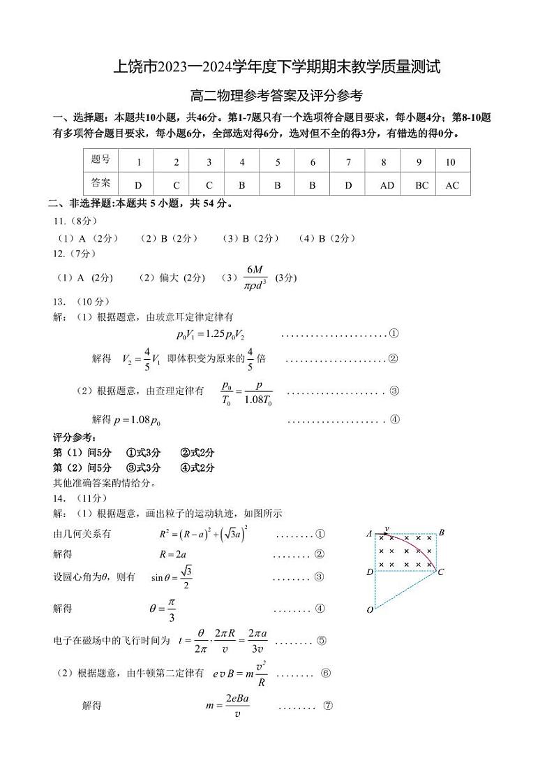 江西省上饶市2023-2024学年高二下学期期末教学质量检测 物理试题01