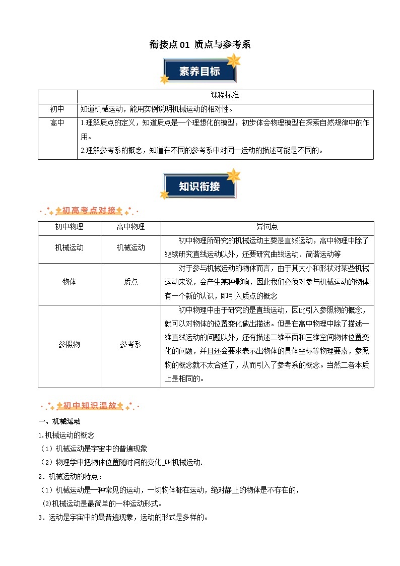 衔接点01 质点与参考系（讲义）-2024年新高一物理暑假学习提升计划01