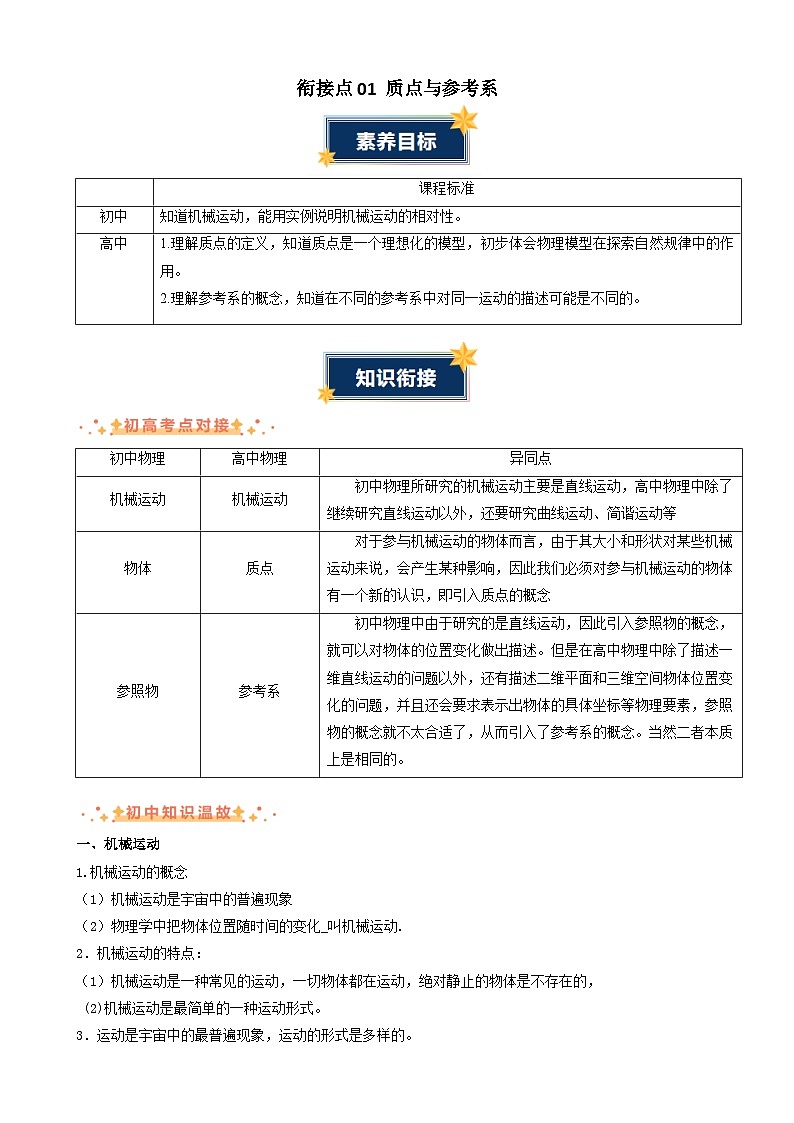 衔接点01 质点与参考系（讲义）-2024年新高一物理暑假学习提升计划01