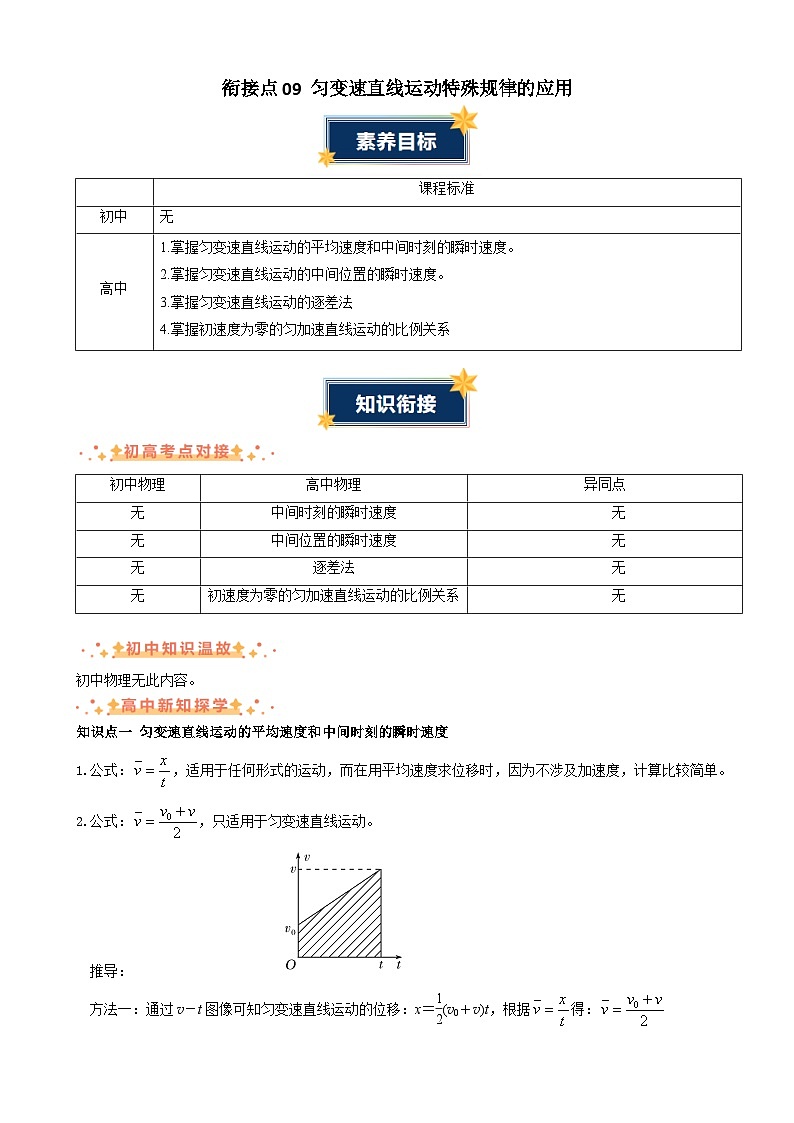 衔接点09 匀变速直线运动特殊规律的应用（讲义）-2024年新高一物理暑假学习提升计划01