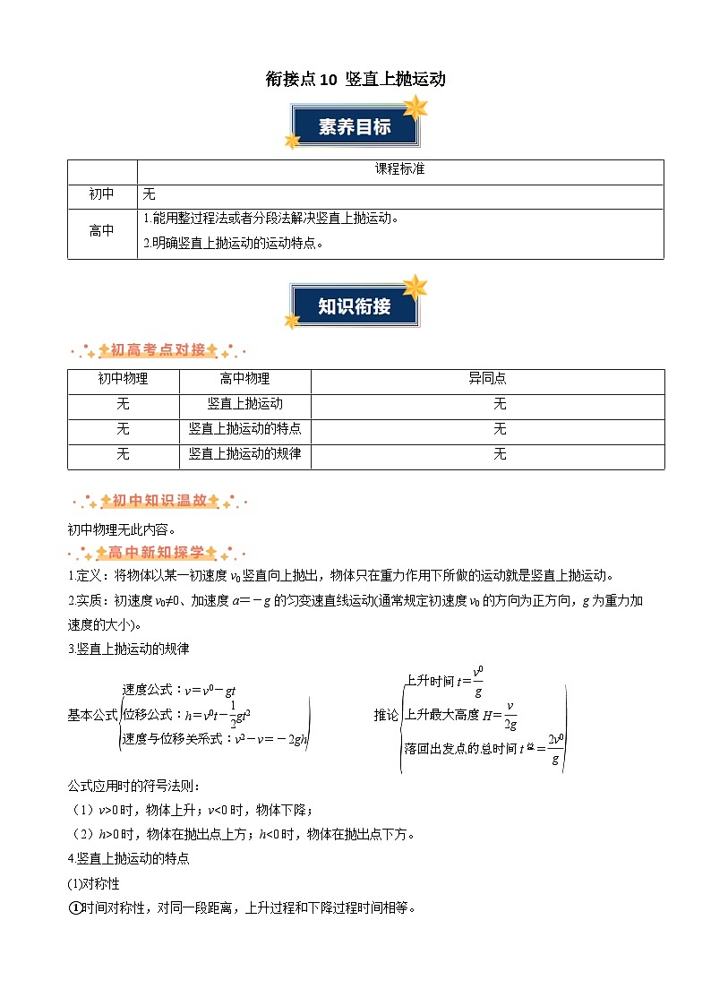 衔接点10 竖直上抛运动（原卷版）第1页