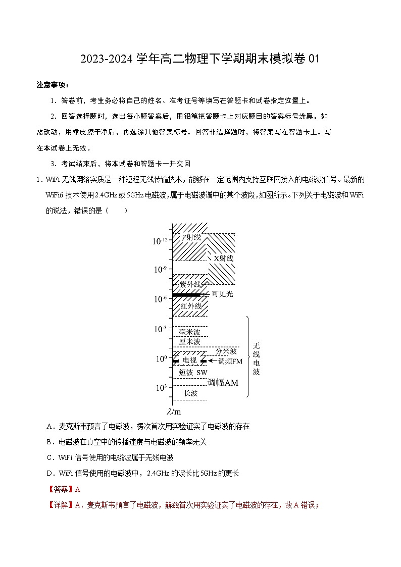 高二物理期末模拟卷01（全解全析）（人教版）第1页