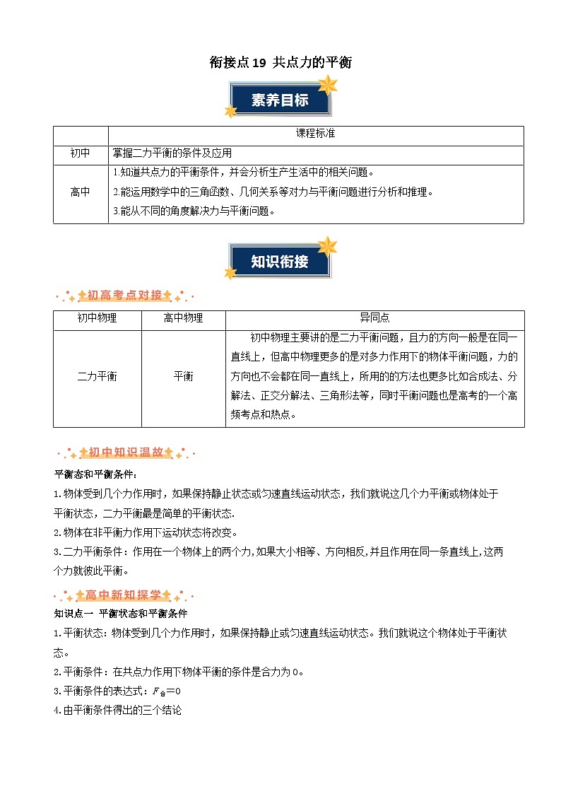 衔接点19 共点力的平衡（含答案）2024年初升高物理无忧衔接学案（通用版）01