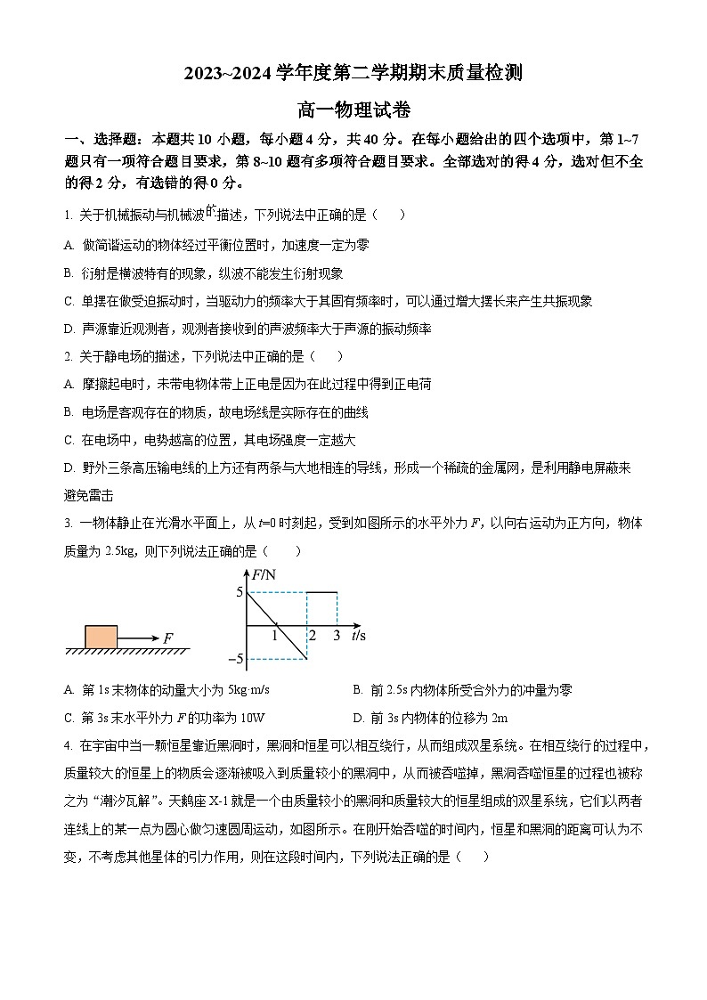 湖北省武汉市江岸区2023-2024学年高一下学期期末质量检测物理试卷（原卷版）第1页