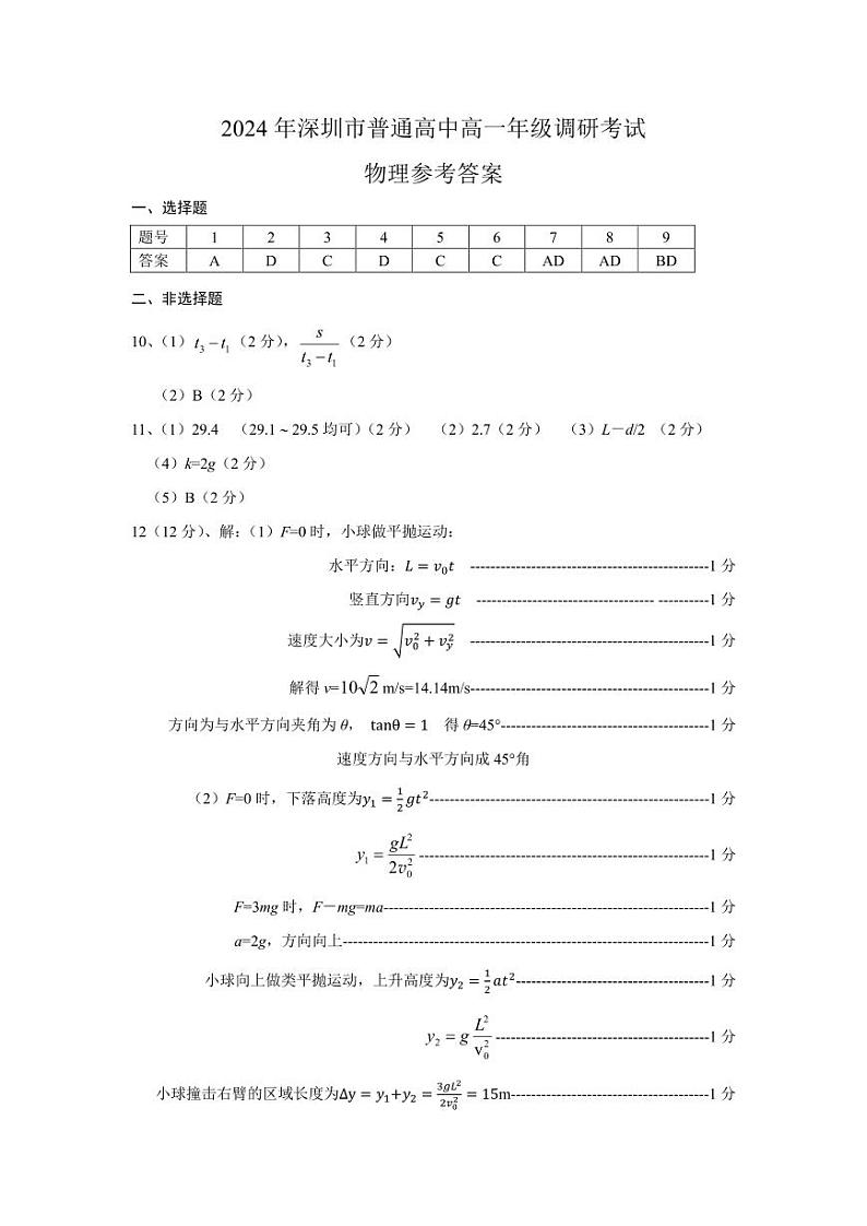 广东省深圳市2023-2024学年高一下学期期末调研考试+物理答案第1页