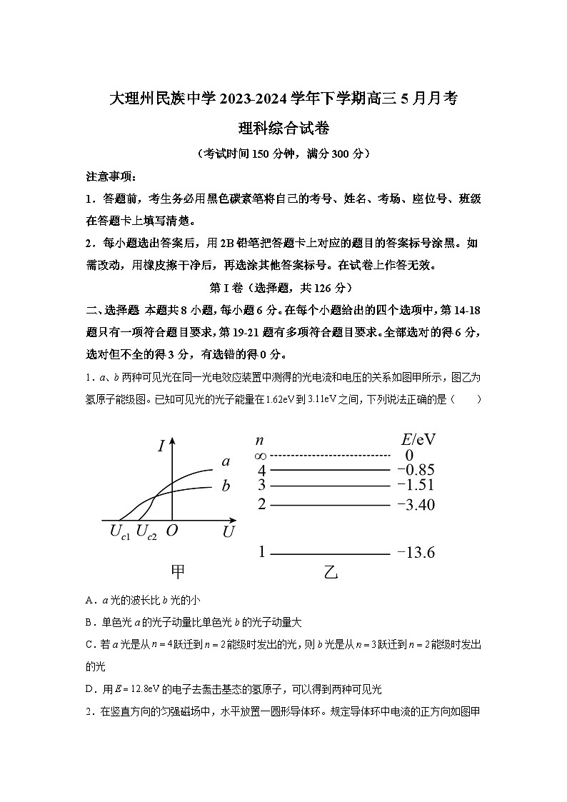 2024届云南省大理州民族中学高三下学期5月月考理综试卷-高中物理（解析版）01