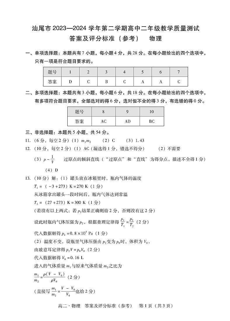 广东省汕尾市2023-2024学年高二下学期期末考试物理试题01