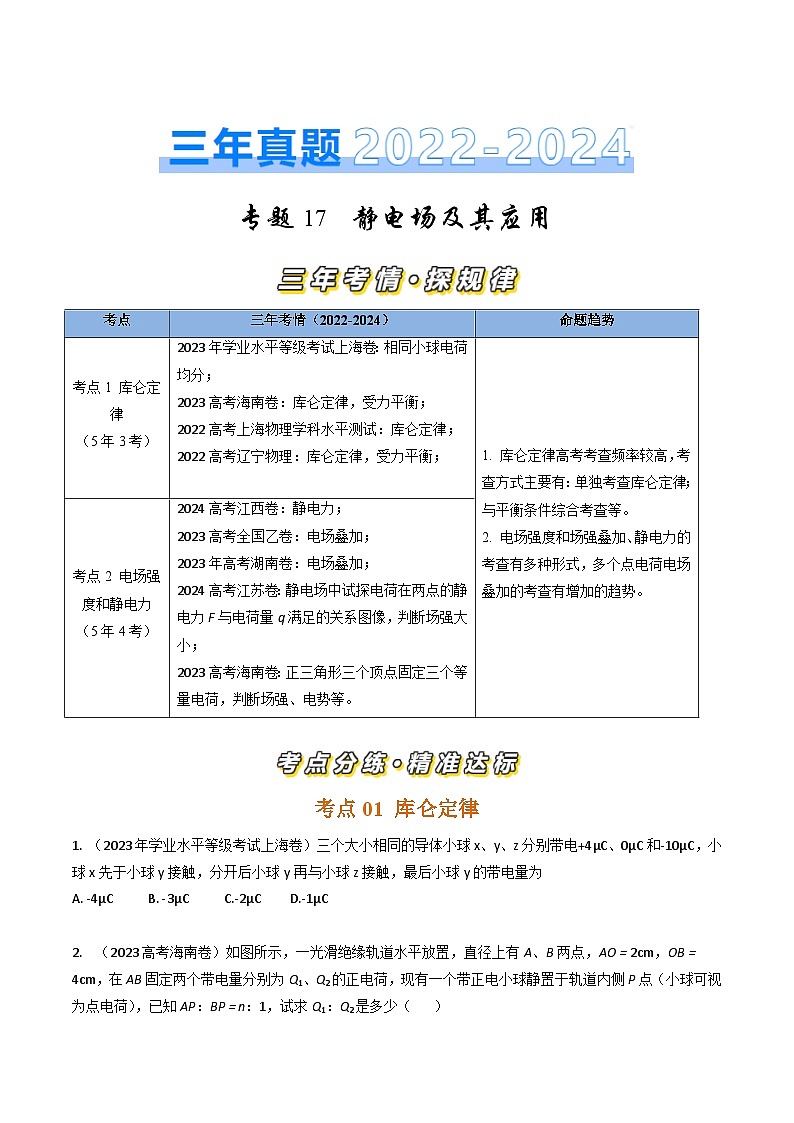 专题17静电场及其应用-三年（2022-2024）高考物理真题分类汇编（全国通用01