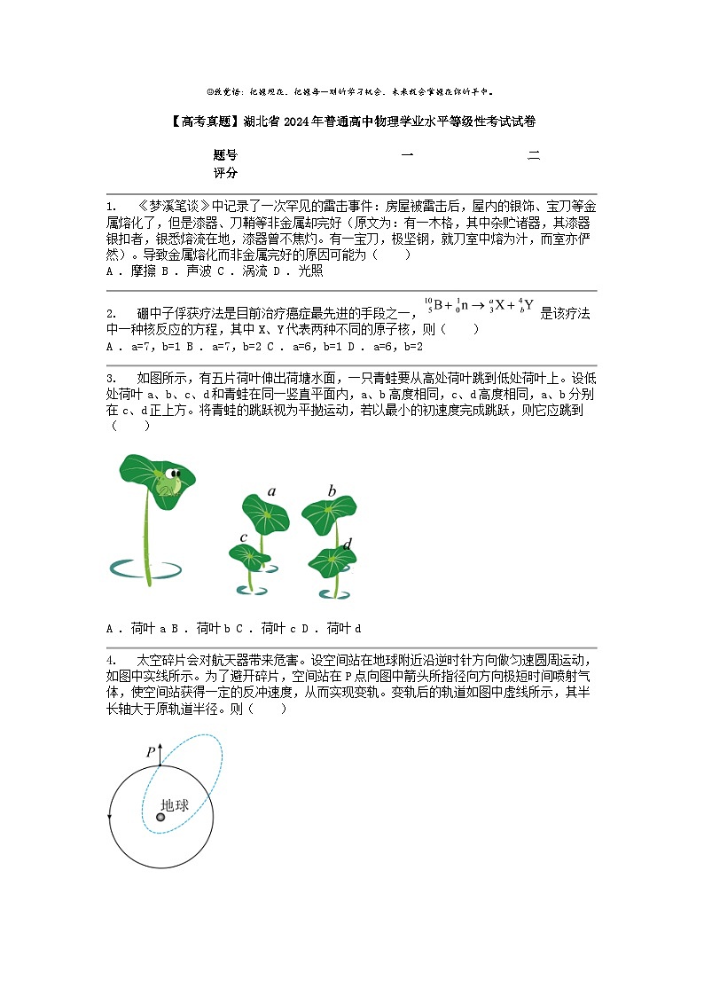 [物理]【高考真题]湖北省2024年普通高中学业水平等级性考试试卷01
