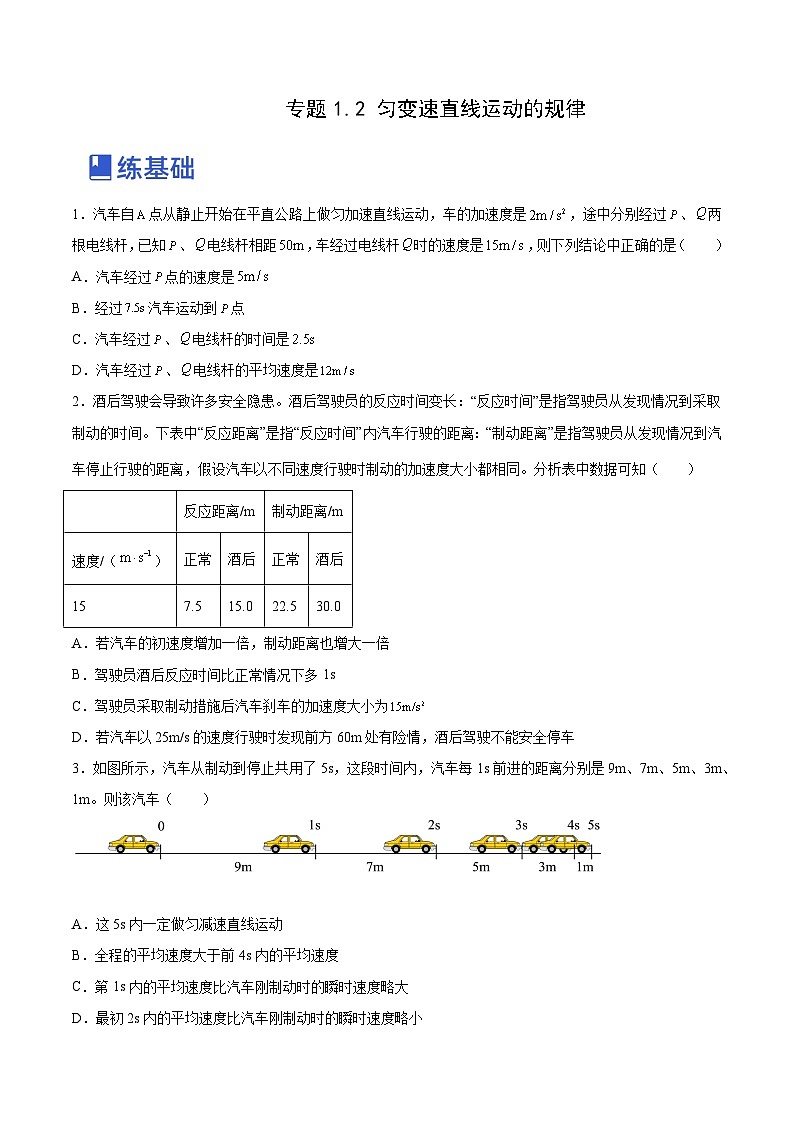 高考物理一轮复习讲练测(全国通用)1.2：匀变速直线运动的规律(练)(原卷版+解析)01