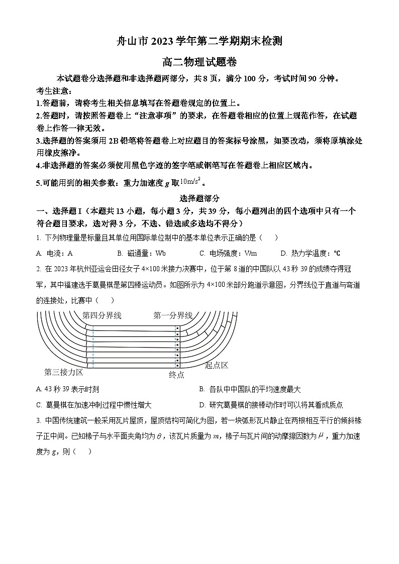 浙江省舟山市2023-2024学年高二下学期6月期末物理试题（Word版附解析）01