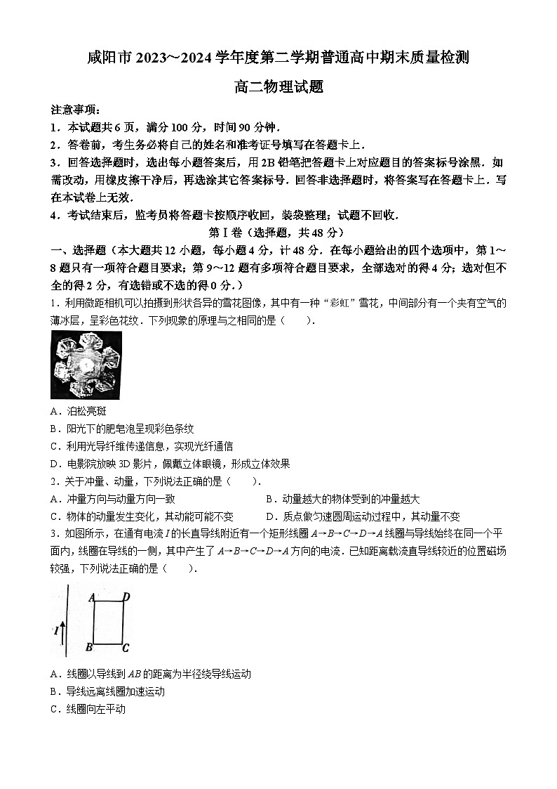 陕西省咸阳市2023-2024学年高二下学期7月期末考试物理试题第1页