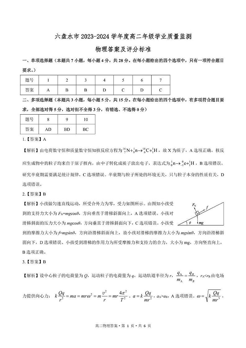贵州省六盘水市2023-2024学年高二下学期7月期末物理试题01