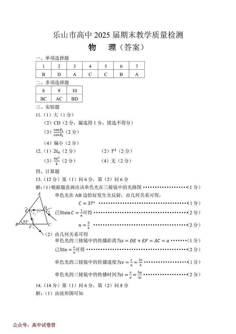 四川省乐山市2023-2024学年高二下学期期末教学质量检测+物理答案第1页