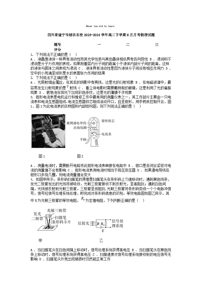 [物理]四川省遂宁市射洪名校2023-2024学年高二下学期6月月考试题01
