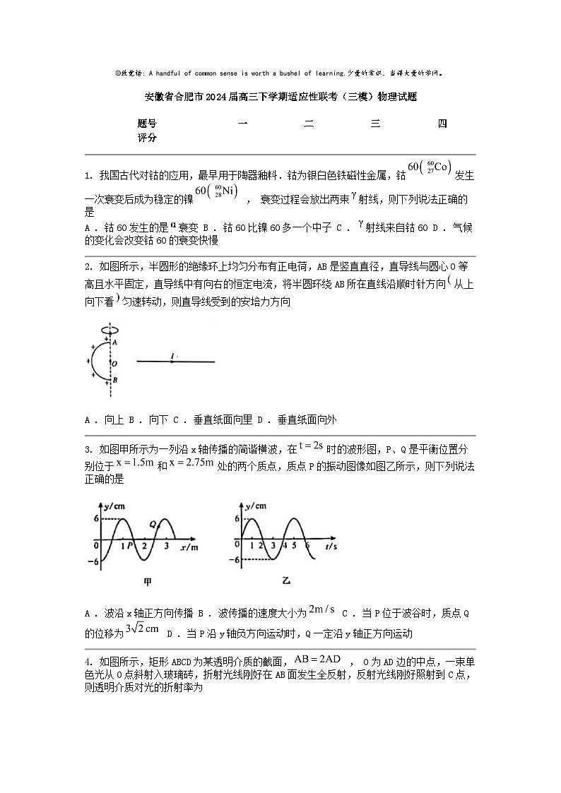 [物理][三模]安徽省合肥市2024届高三下学期适应性联考试题第1页