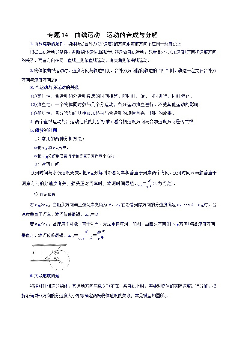 专题14 曲线运动  运动的合成与分解-【暑假衔接】新高二物理暑假查漏补缺（全国通用）01