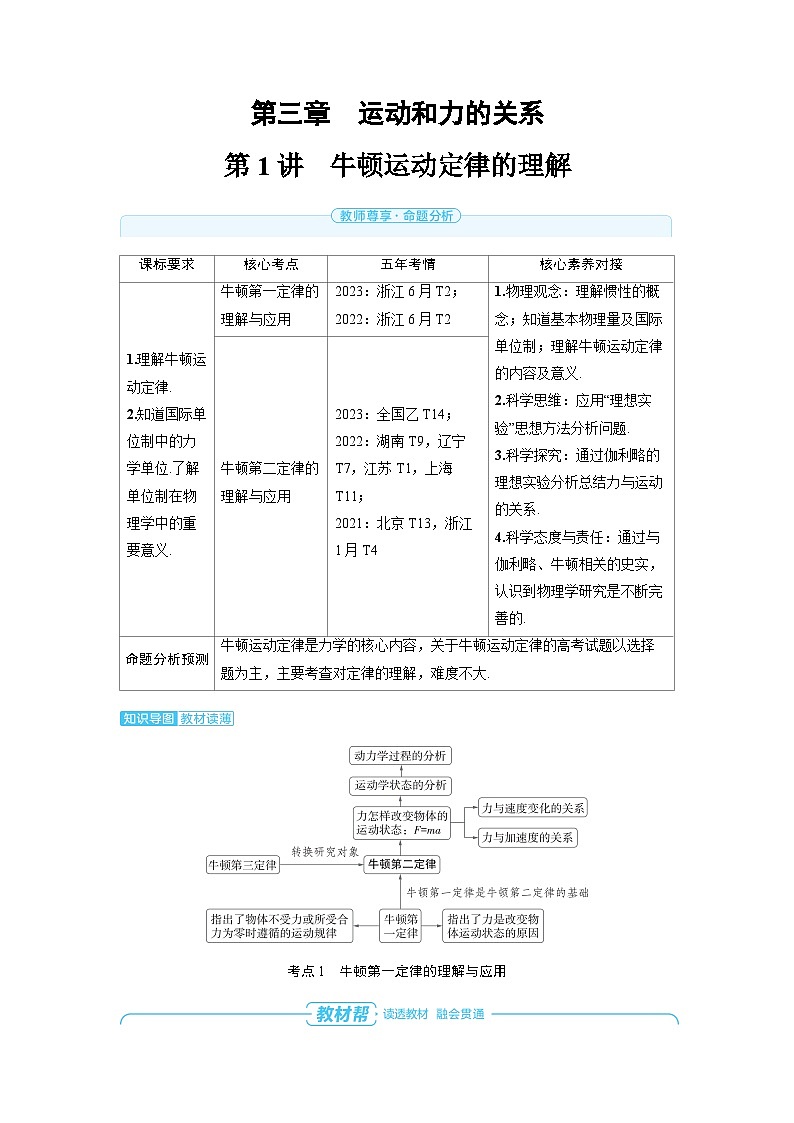 2025年高考物理一轮复习讲义学案 第三章　运动和力的关系 第一讲　牛顿运动定律的理解01