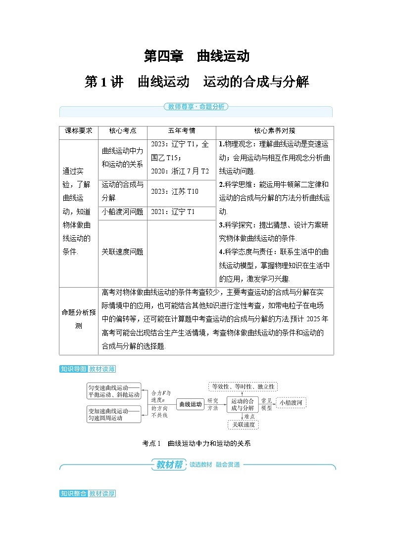 2025年高考物理一轮复习讲义学案 第四章　曲线运动 第一讲　曲线运动　运动的合成与分解01