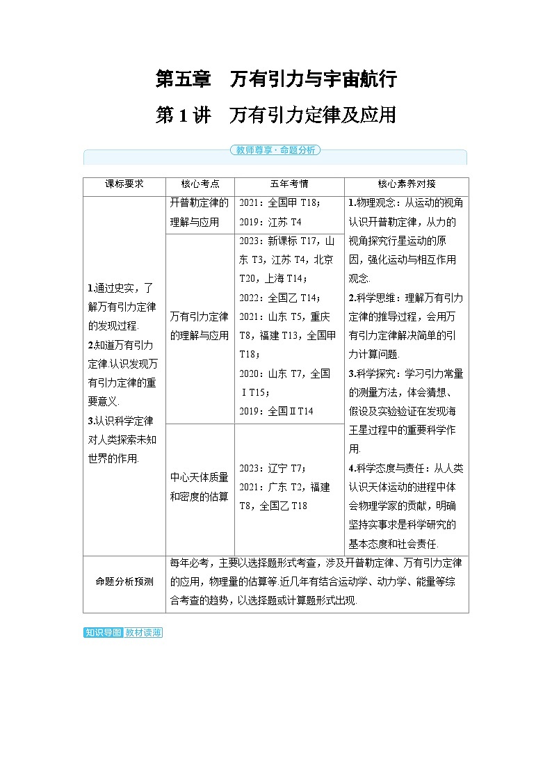 2025年高考物理一轮复习讲义学案 第五章　万有引力与宇宙航行 第一讲　万有引力定律及应用01