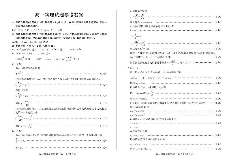 山东德州2024年高一下学期期末考试物理试题+答案01