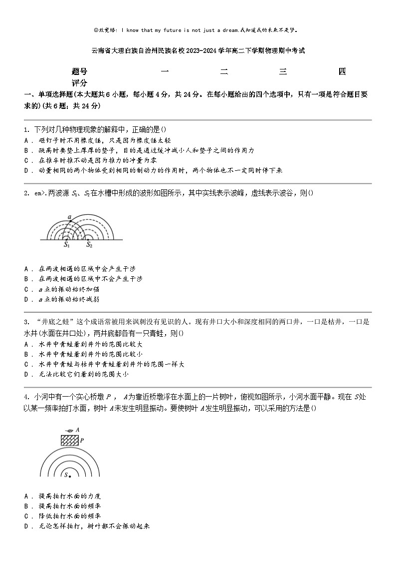 [物理]云南省大物理白族自治州民族名校2023-2024学年高二下学期物理期中考试第1页