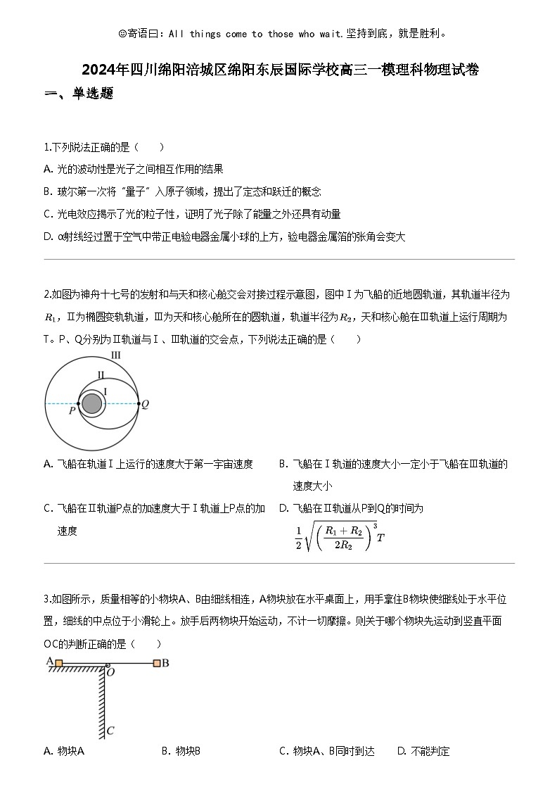 [物理]2024年四川绵阳涪城区绵阳东辰国际学校高三一模物理科物理试卷01