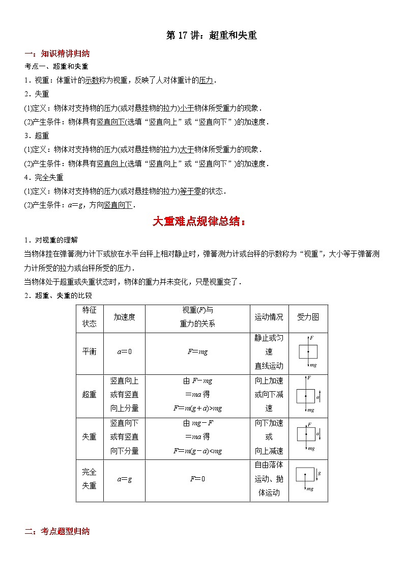 第17讲：超重和失重（含答案）[初升高衔接]2023-2024学年新高一物理【赢在暑假】同步精讲精练系列（人教版2019必修第一册）01