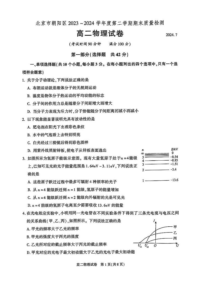 2024北京朝阳高二（下）期末物理试题及答案01