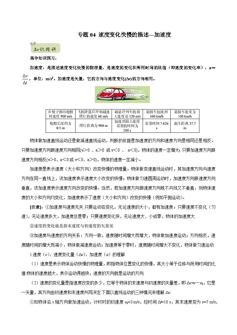 初升高物理衔接讲义    04 速度变化快慢的描述—加速度（教师版+学生版）01