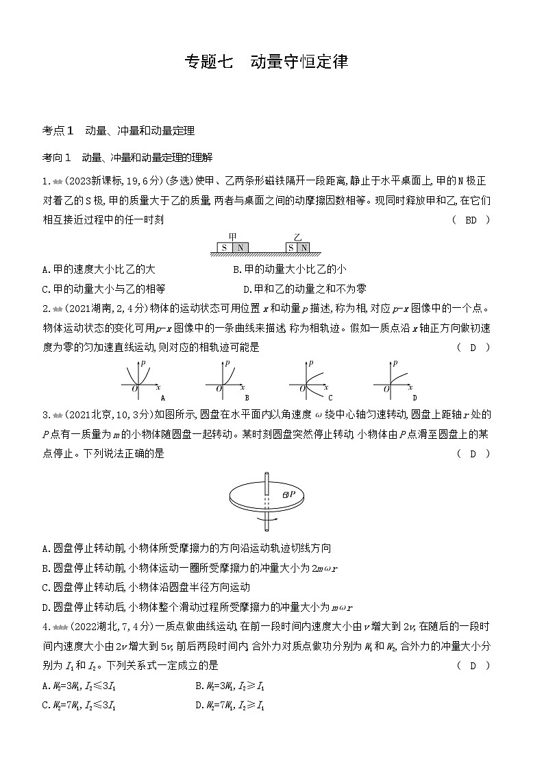 专题七动量守恒定律习题练习试卷2025高考物理复习专题第1页