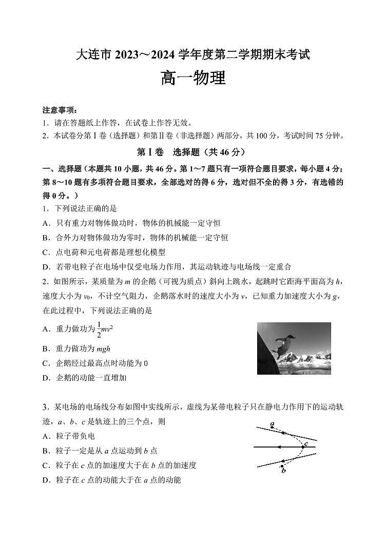 辽宁省大连市2023-2024学年高一下学期7月期末物理试题第1页