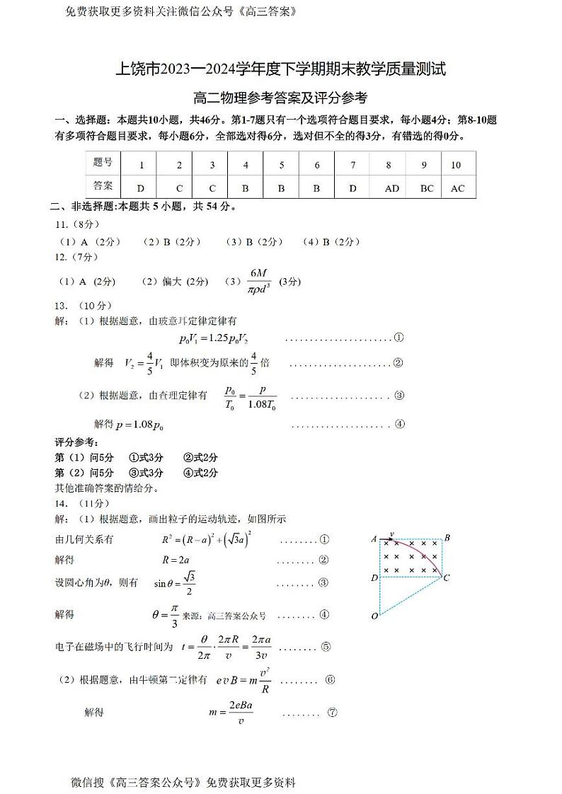 江西省上饶市2023-2024学年高二下学期期末教学质量检测物理试卷01